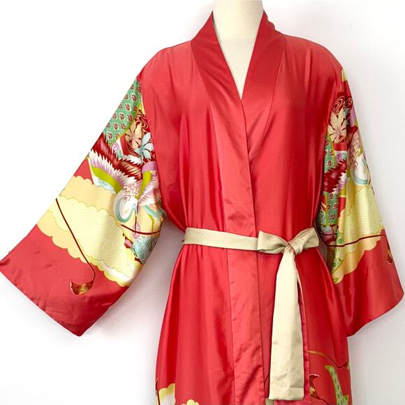 Natori Satin Belted Robe Kimono Maxi Length Coral Print XL - Picture 3 of 12
